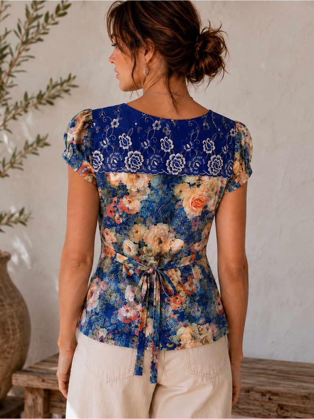 Satin Floral Embroidered Boho Top Puff Sleeve Pockets - Picture 2 of 11